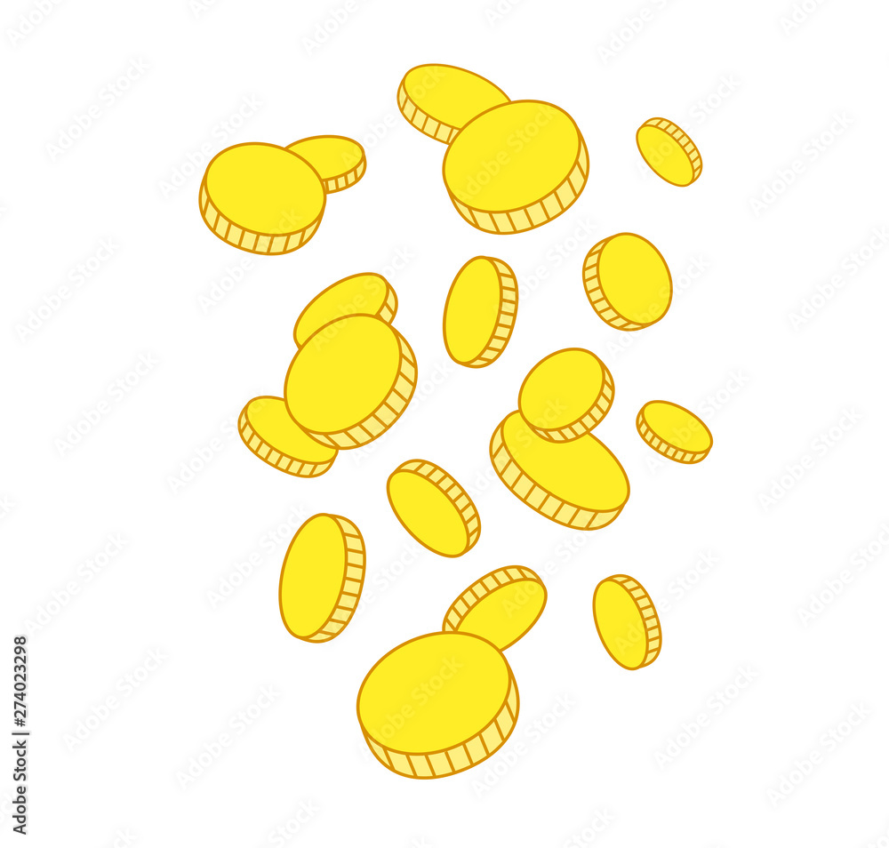 Falling from the top a lot of coins doodle on a transparent background. Vector