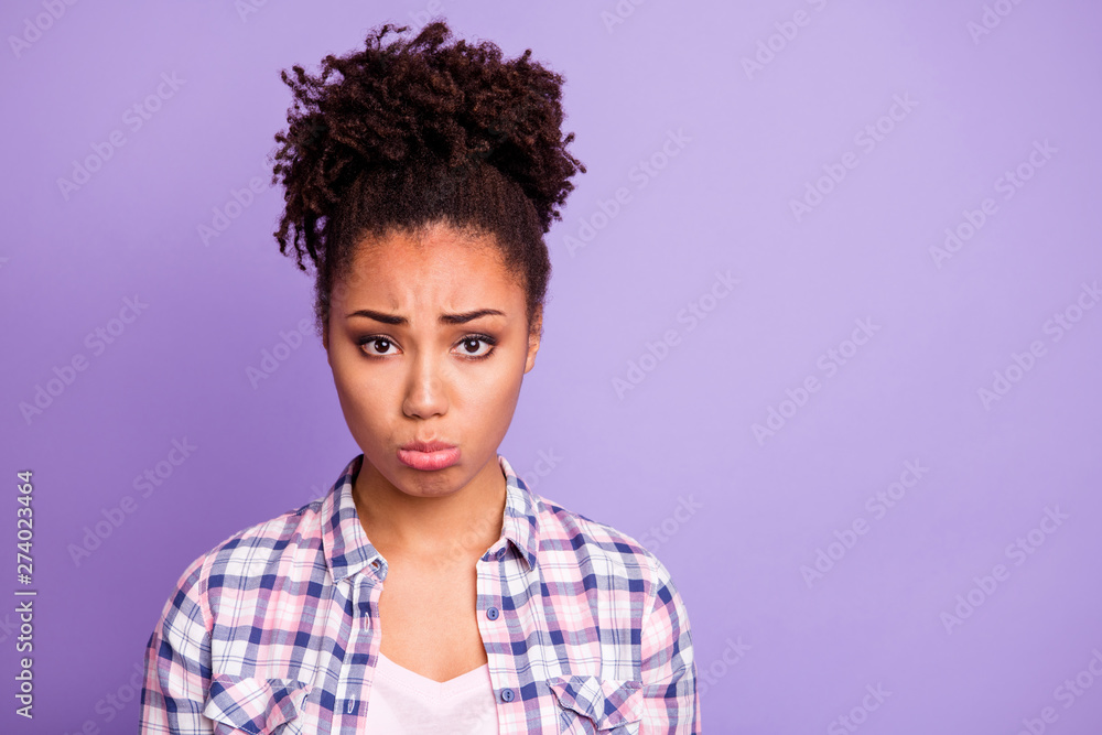 Close up photo of disappointed lady youth frustrated have offense react weep information wear modern checkered clothing isolated on bright background Close up photo of disappointed lady youth frustrated have offense react weep information wear modern checkered clothing isolated on bright background