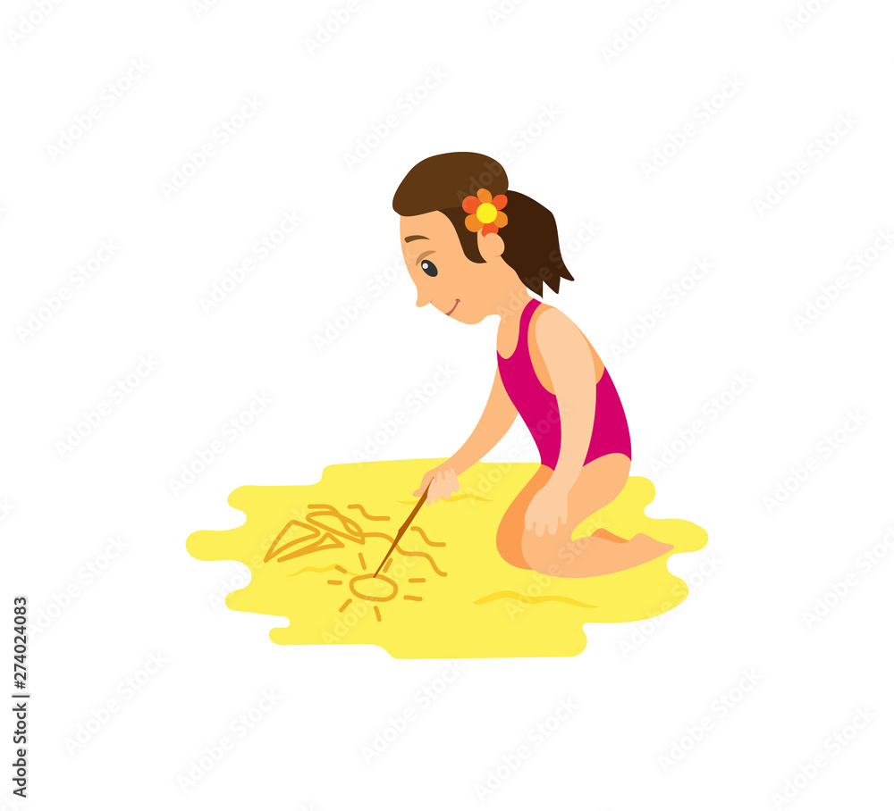Girl sitting and drawing by stick on beach, side view of smiling woman in pink swimsuit and flower in hear, sketch on sand, summer vacation vector Girl sitting and drawing by stick on beach, side view of smiling woman in pink swimsuit and flower in hear, sketch on sand, summer vacation vector