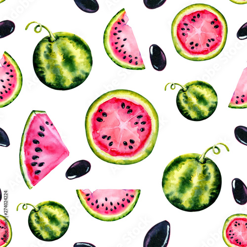 Fototapeta Naklejka Na Ścianę i Meble -  Watercolor seamless pattern with the image of a watermelon. Juicy pulp and seeds for print design, banner, poster, cover, invitations, greetings, weddings, advertisements