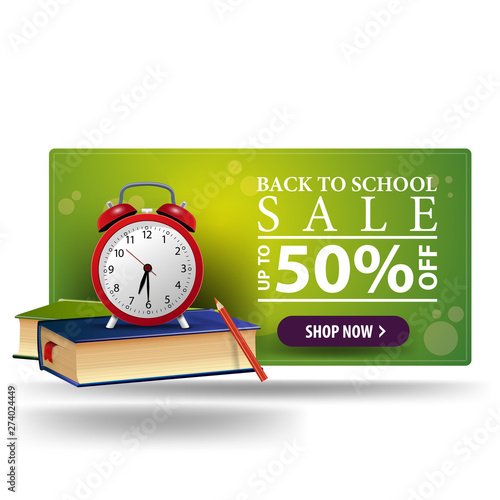 Modern back to school discount green 3D banner with button, school books and alarm clock