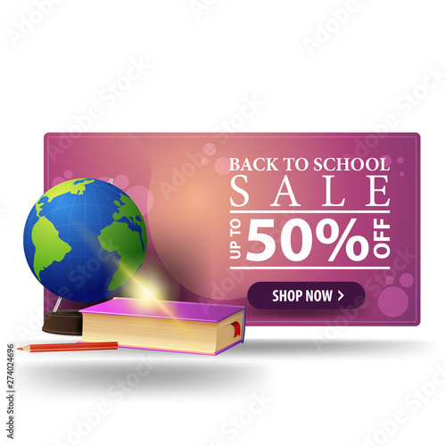 Modern back to school discount green 3D banner with button, globe and school textbooks