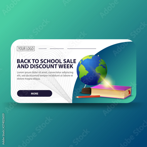 Back to school and discount week, horizontal banner with modern design, globe and school textbooks