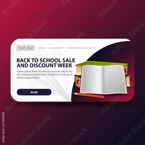 Back to school and discount week, horizontal banner with modern design, school textbooks and notebook