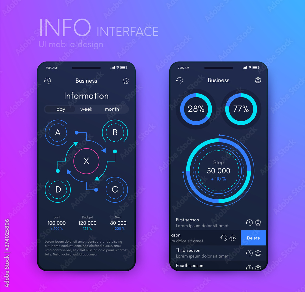 Vector graphics mobile infographics with two and four options. Template for creating mobile applications, workflow layout, diagram, banner, web design, business reports with 2 and 4 steps