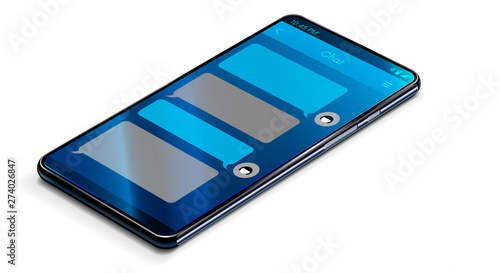 Isometric mockup mobile phone on white table with blank or empty interface chat or messenger. Template talk bubbles on screen cellphone or telephone. Social internet communication on portable device.