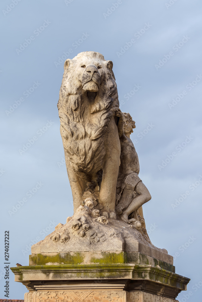 MARSEILLE, FRANCE - 10 Nov 2018 - Lion statue of the stairs decoration near the Saint Charles train station in Marseille