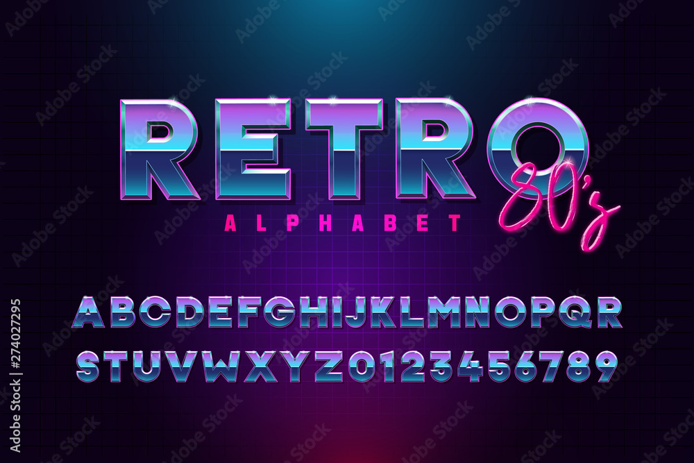 Retro font effect based on the 80s. Vector design 3d text elements based on  retrowave, synthwave graphic styles. Mettalic alphabet typeface in  different blue and purple colors Stock Vector | Adobe Stock