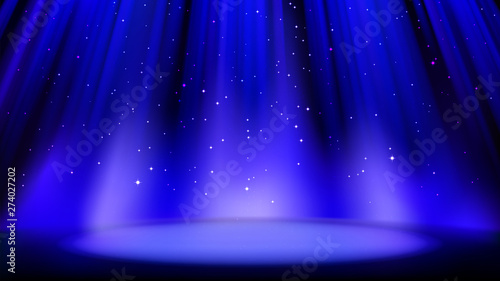 Slika na platnu Empty blue scene with dark background, place lit by soft spotlight, shiny sparkling particles