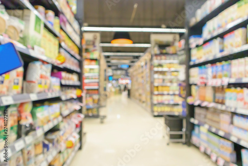 supermarket aisle with product shelves interior defocused blur background