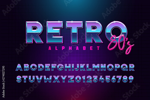 Retro font effect based on the 80s. Vector design 3d text elements based on retrowave, synthwave graphic styles. Mettalic alphabet typeface in different blue and purple colors