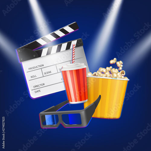 Cinema clapper, popcorn, 3d glasses and drink. Movie making industry and watching accessories under spotlight beams isolated on blue background. Cinematography equipment, Realistic vector illustration