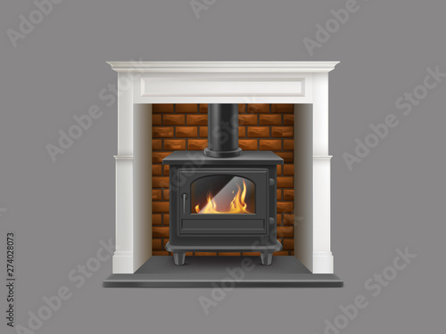 House gas-powered fireplace with white marble stone mantel, brick firepit and flame inside of modern steel stove with glass door and chimney realistic vector illustration isolated on grey background