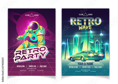 Retro wave music party in nightclub cartoon vector ad poster, promo flyer pages template. Astronaut in futuristic spacesuit, future racing car in illuminated metropolis vivid, neon color illustration