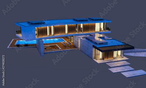 3d rendering of modern cozy house on the hill with garage and pool for sale or rentin night with cozy light from window. Isolated on gray © korisbo