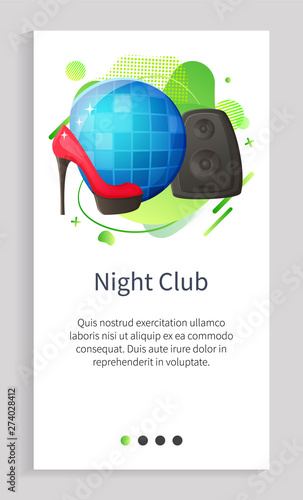 Disco ball and speaker equipment high heel shoe, night club modern objects with ribbon. Discotheque icons, party elements, audio and fashion vector. Slider for night club app entertainment application