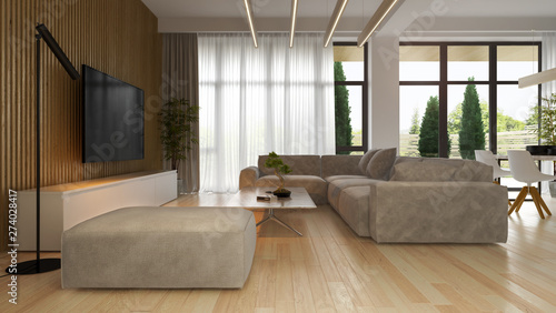 Interior of modern living room with sofa 3D rendering