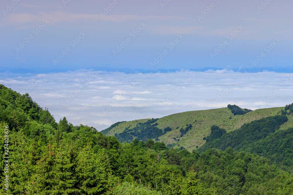 Beautiful scene of green mountain hills and fog and blue sky