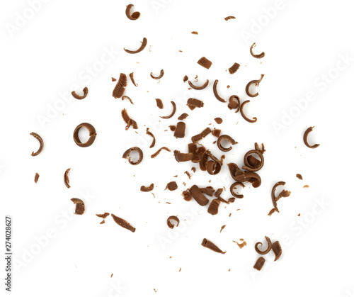 Grated chocolate. Heap of ground chocolate isolated on white background with clipping path, closeup.