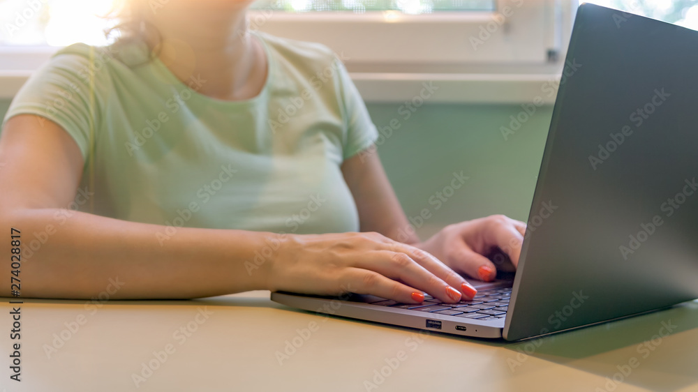 Naklejka premium Close-up of woman typing on laptop computer.