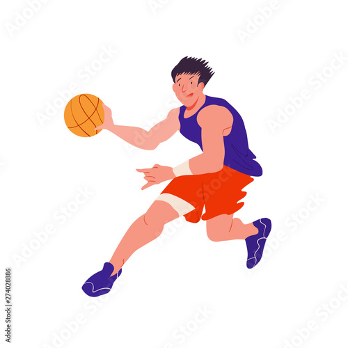 Basketball player. Man possession a ball. Cool dude in blue t-shirt and red shorts. The people in dynamic pose. Flat with texture vector illustration. Isolated.