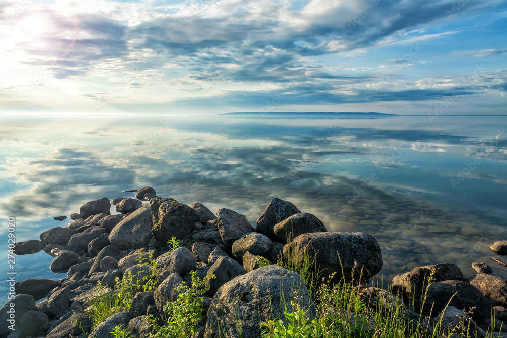 Εκτύπωση καμβά Beautiful sunrise over Swedish summer lake