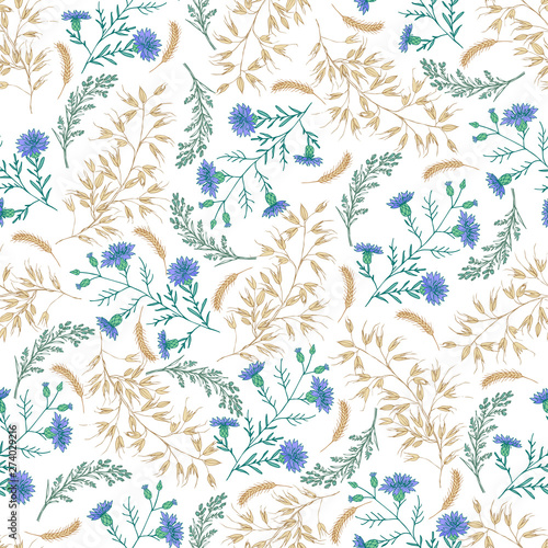 Abstract floral seamless pattern hand drawing on white background. Blue cornflowers and spike of cereals. Romantic garland for fabric, wrapping, web. Vector illustration