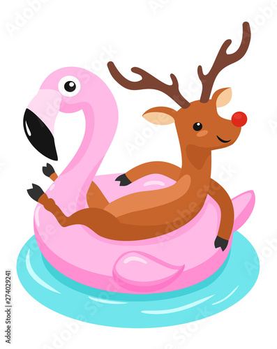 Deer with inflatable ring of flamingo.