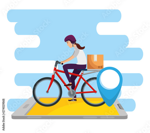 woman with bicycle and box package in the smartphone