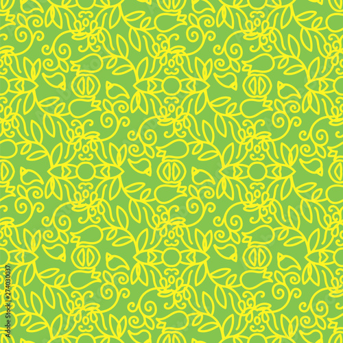 Yellow Floral Pattern Isolated on Green Background.