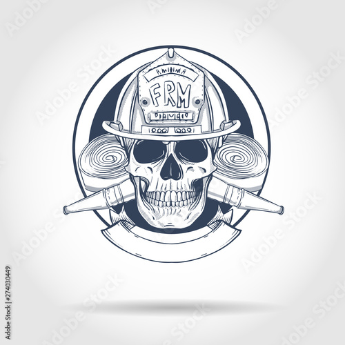 Hand drawn sketch, fireman skull with helmet and fire extinguisher. Poster, flyer design