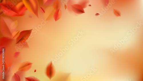 Fall background with blurred flying red leaves, autumn nature vector design