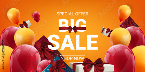 Sale banner with red and yellow floating balloons, different gifts. Vector illustration. - Vector