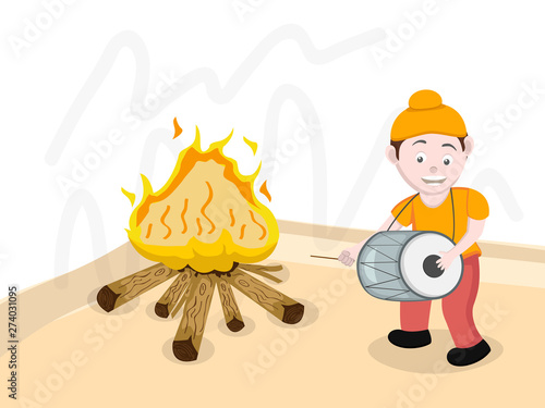 Cute kid with drum for Happy Lohri.