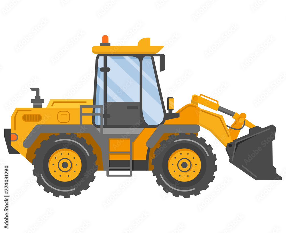 Yellow bulldozer tractor.Construction machine.Manufacturing Equipment. Industrial vehicle.Isolated on white.Side view.Flat vector.