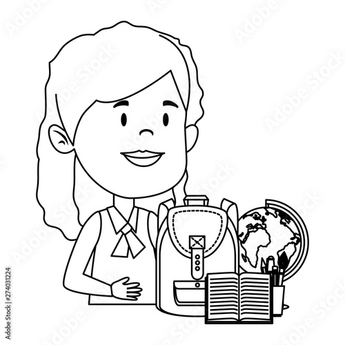 happy student girl with schoolbag and world map