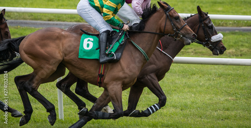 Close up on two galloping race horses and jockeys competing for first position