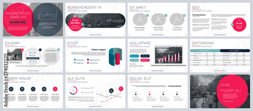Presentation template, red and black infographic elements on white background. Vector slide template for business project presentations and marketing.