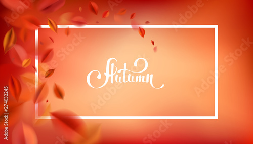 Fall background with blurred flying red leaves, autumn nature vector design