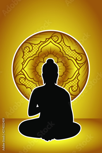 Silhouette Siddhartha gautama with golden abstract Dharma Wheel