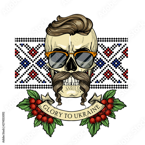 Hand drawn color sketch, skull with Ukrainian embroidery pattern, mustaches, branches of viburnum, sunglasses. Poster, flyer design