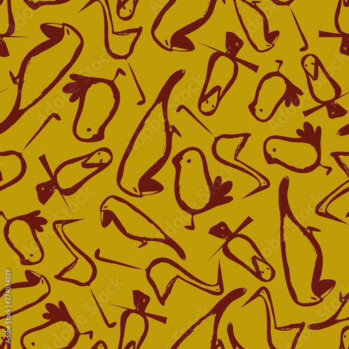 Seamless vector pattern with birds outline doodles on mustard background. Surface pattern design.