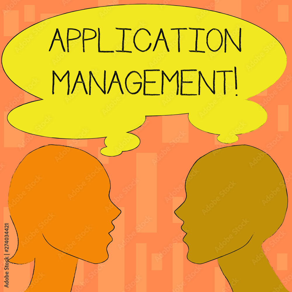 Word writing text Application Management. Business concept for analysisaging applications throughout their lifecycle Silhouette Sideview Profile Image of Man and Woman with Shared Thought Bubble.