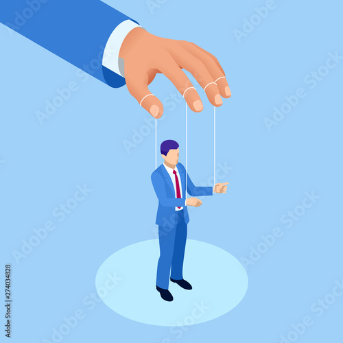 Isometric Businessman Puppet, Controlled Workers. Concept. Worker Marionette on Ropes Controlled Boss Hand.