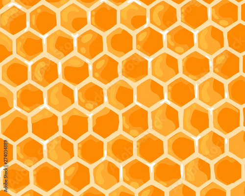 Cute honey sweet background. Honeycomb banner. Vector cartoon flat illustration. 