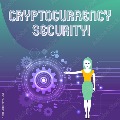 Word writing text Cryptocurrency Security. Business concept for attempts obtain digital currencies by illegal means Woman Standing and Presenting the SEO Process with Cog Wheel Gear inside.