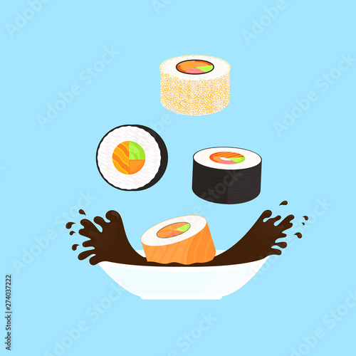Sushi Set. Rolls fall into a bowl with soy sauce. Traditional japanese food.