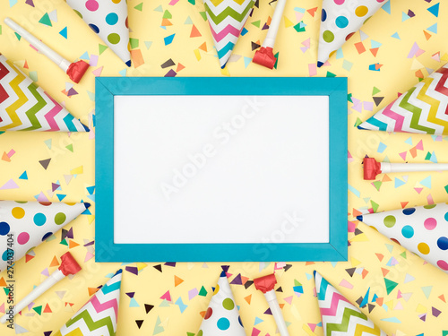 White frame on colorful table top view