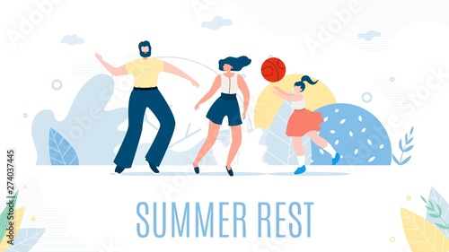 Happy Cartoon Family and Summer Rest at Nature