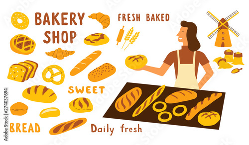 Bakery funny doodle set. Cute cartoon woman, food market seller with bread. Hand drawn vector illustration with lettering.